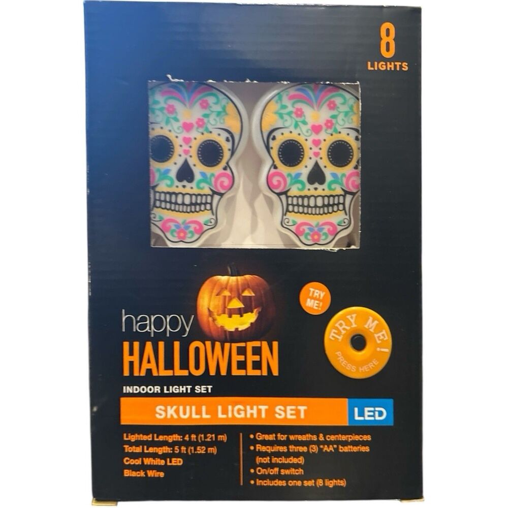 Day of the Dead Sugar Skull Light Set 8 Count Halloween Skull Light Set 4 Feet